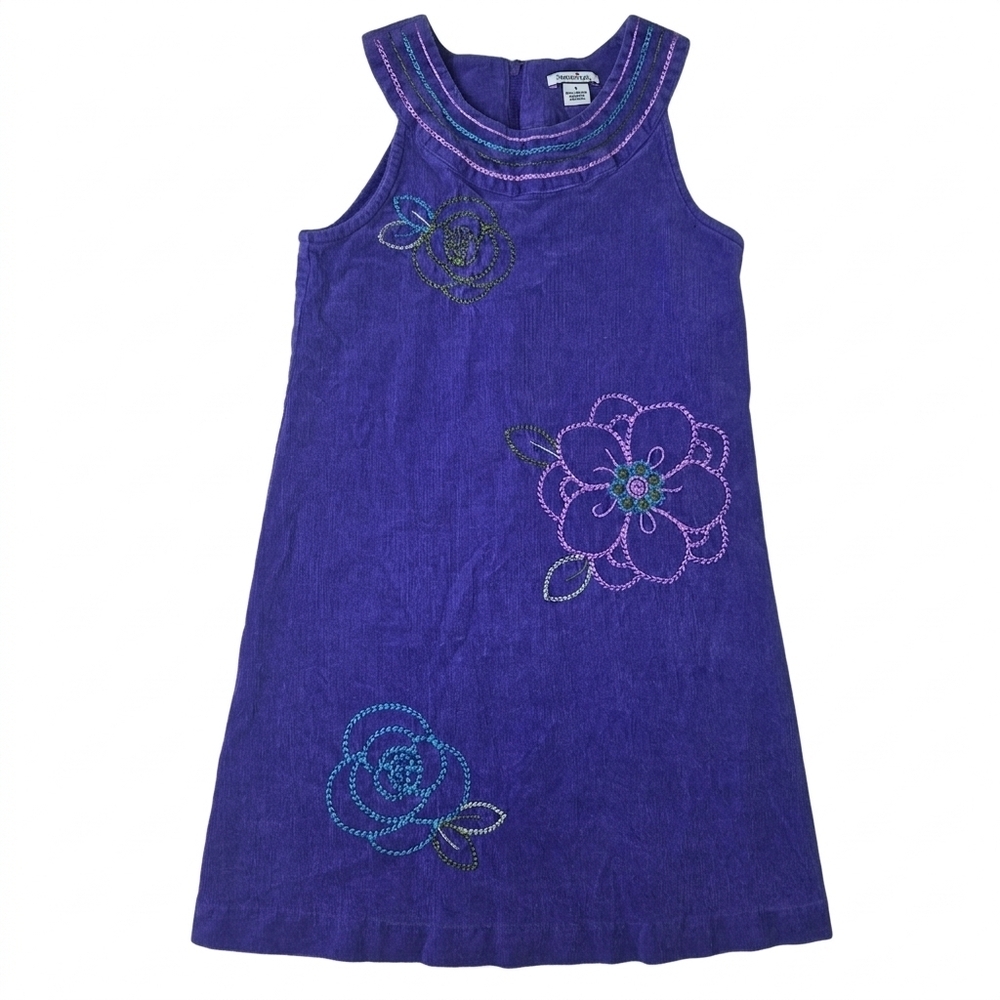 Hartstrings Girls Purple Corduroy Dress Size 8 Floral Embroidered Jumper